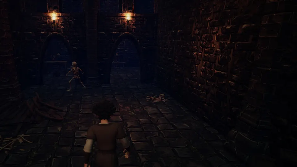 A hero walks a torchlit dungeon corridor as a skeleton waits beneath the arches.