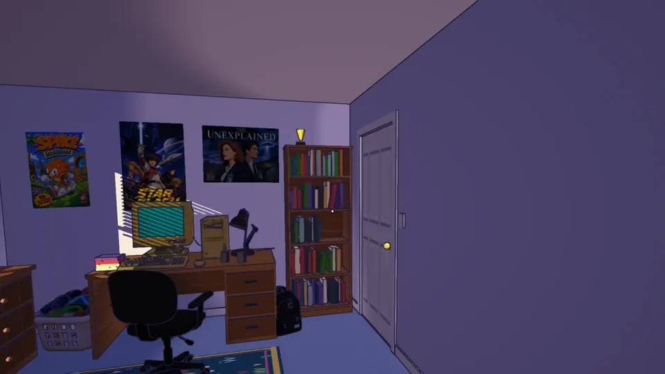 A cel-shaded 1990s bedroom: beige PC on a wooden desk, sci-fi posters, a bookshelf and a closed door.